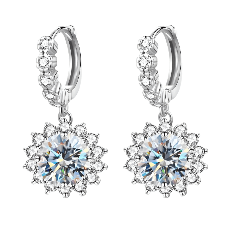 Genuine D-Color Moissanite Sunflower Earrings, 925 Sterling Silver, Full Diamond Women's Jewelry, Elegant & Sparkling Design