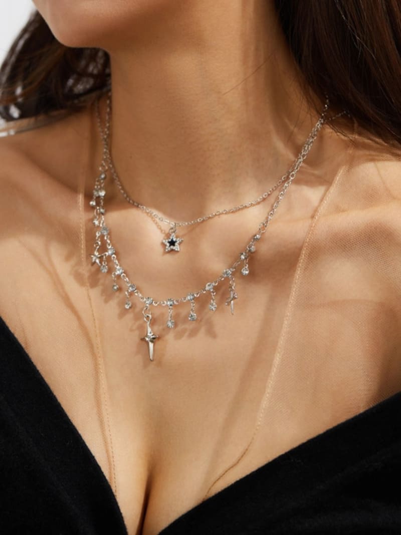 Five Pointed Star Tassel Necklace Set Double-Layered, Elegant & Simple Luxury Design, Fashion Party Wear Jewellery for Women
