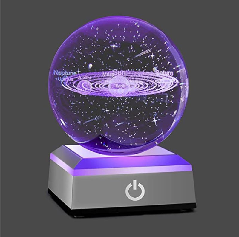 3D Crystal Solar System Carving Night Light with LED Base Creative Luminous Lamp for Desk Home Decoration or Christmas Gift Display