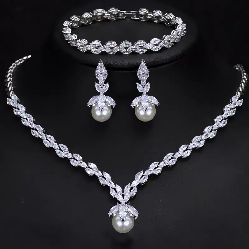 Bridal Jewelry Earrings Necklace Set Zircon Shell Pearl Wedding Dress Accessories for Brides