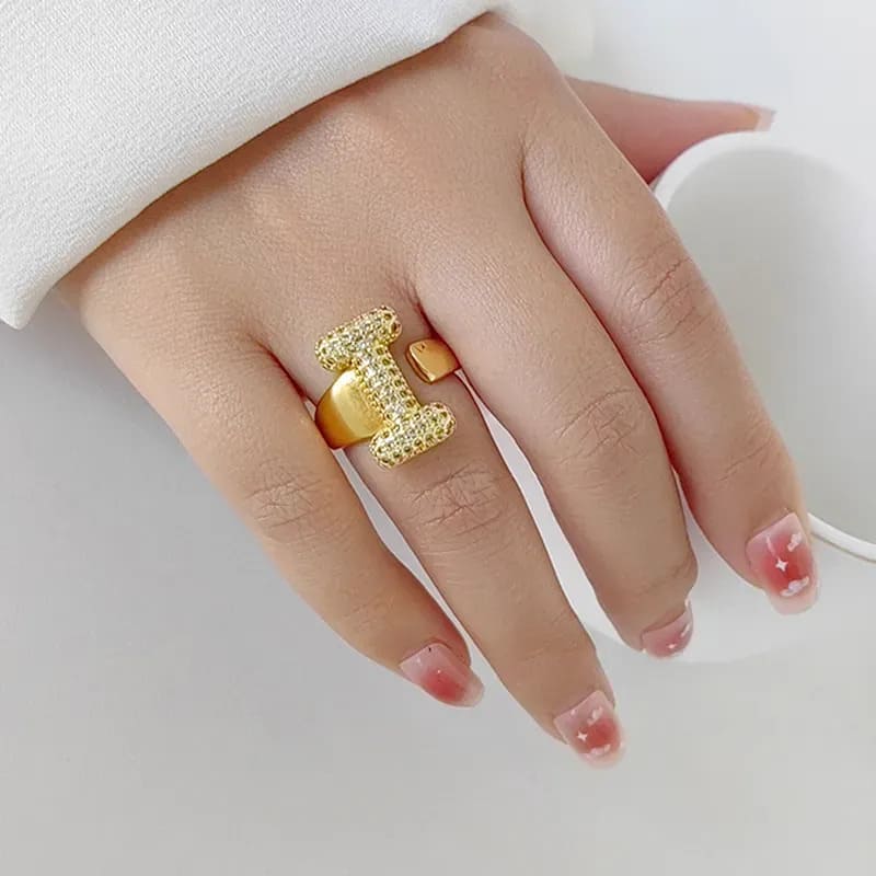 Chubby Balloon Letter Ring Adjustable Opening I English Letters Zircon Ring Fashionable Personalized And Casual Wear Jewellery for Women and Men