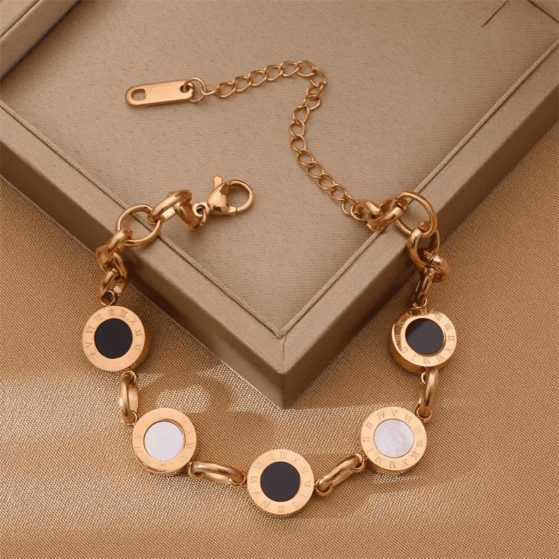 Rose Gold INS Style Bracelet for Women Niche Personality Mother of Pearl Roman Disc Round Stainless Steel Bracelet Casual Wear Jewellery