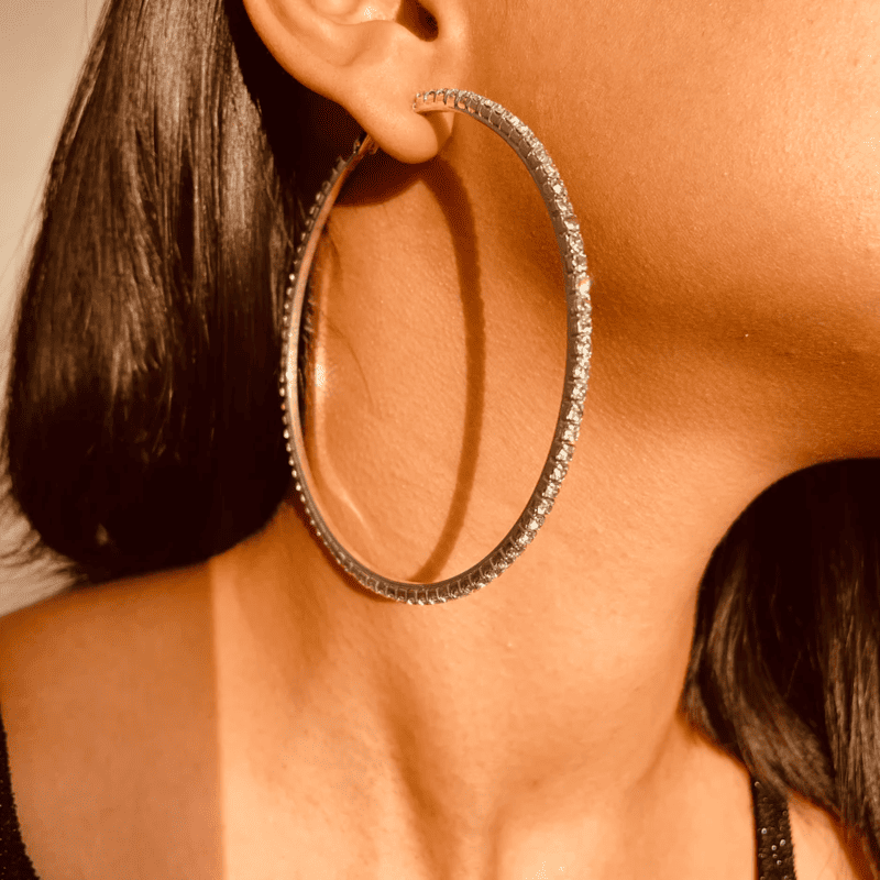 Elegant Imitation Silver Hoop Earrings with Sparkling Rhinestone Accents for a Dazzling Look Jewellery.